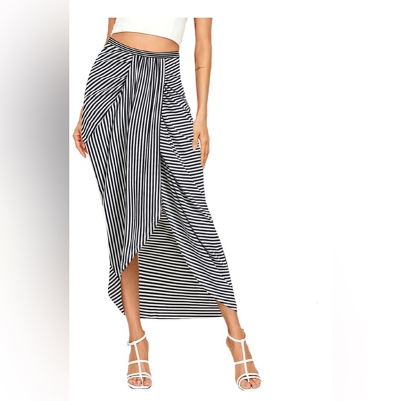 Black and White Striped Wrap Asymmetrical Skirt - Picture 1 of 8
